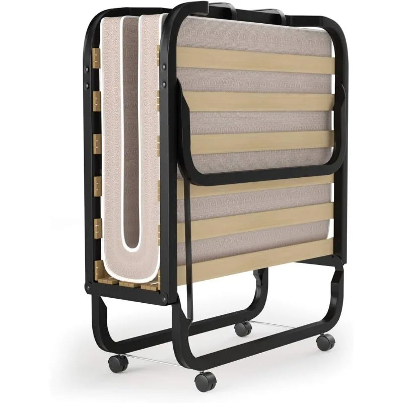 Fold up Bed with Memory Foam Mattress & Metal Frame on Wheels, Foldable Portable Guest Bed for Easy Storage