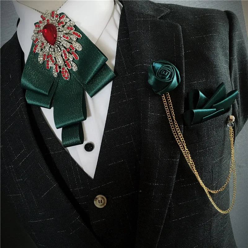 Men's Bow Tie Corsage Pocket Towel Sets British Korean Dress Suit Jewelry Luxury Rhinestones Men Wedding Accessories 3 Piece Set