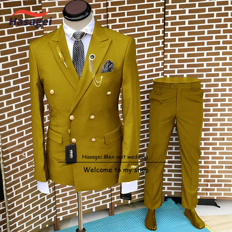 Formal Suit for Men Wedding Tuxedo Double-breasted Jacket and Pants 2-piece Set Business Blazer Gold Buttons Suit Groom