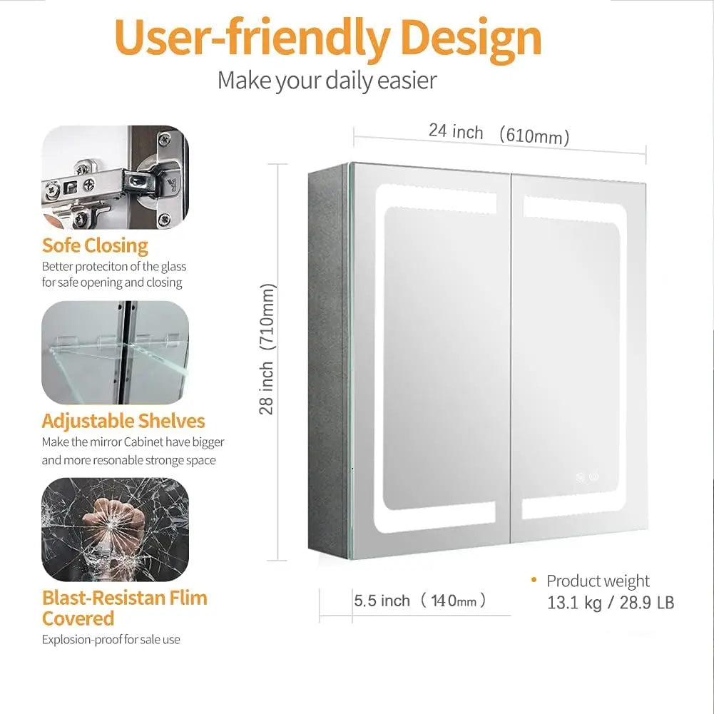 Janboe 24 Inch X 28 Inch Illuminated Led Mirror Cabinet for Bathroom Stainless Steel Wall Mounted Medicine Cabinet