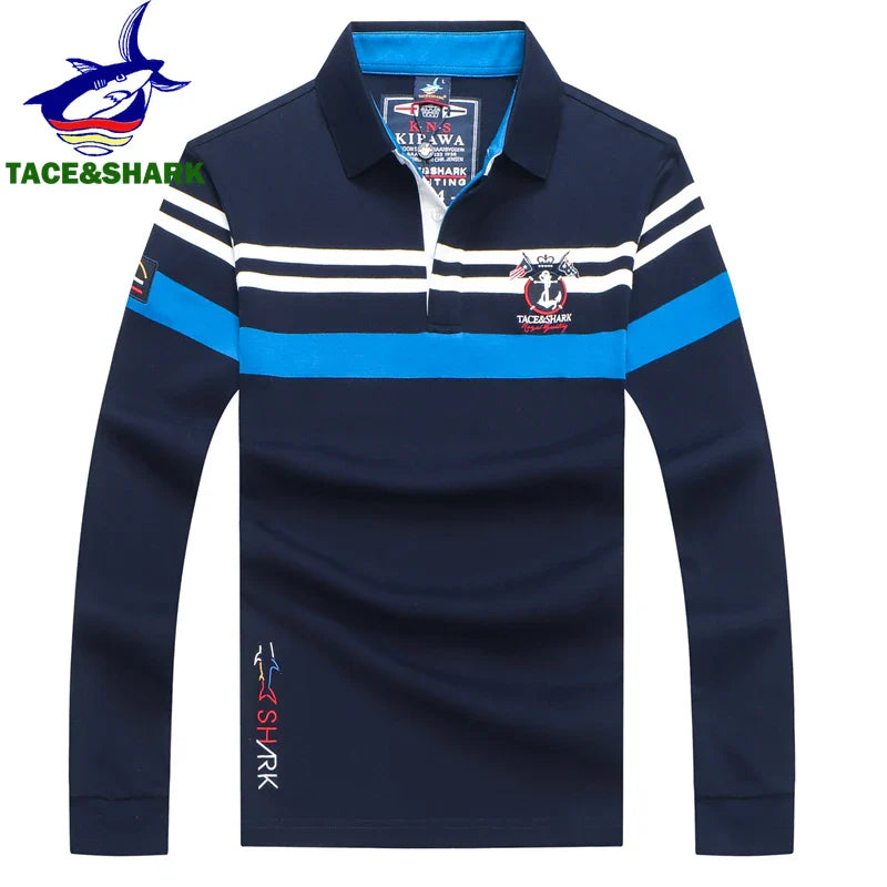 TACE&SHARK Brand Shark Embroidery Long Sleeve Polo Tops Casual Fashion Stripe Men Slim Polo Casual Business Clothes