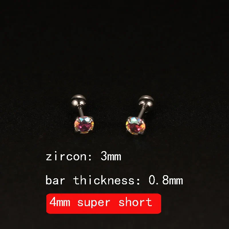 2PCS 4mm Short Ear Studs Earring Outside Upper Helix Earrings Titanium Steel CZ Crystal 3mm 4mm 5mm Mix Colors 0.8mm 20G Screw