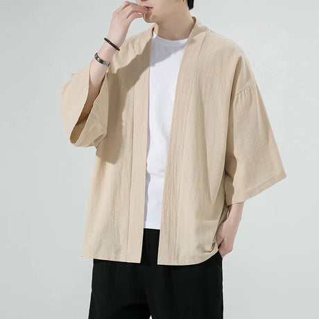 Men's Japanese Kimono Cardigan Loose Cotton Linen 3/4 Sleeve Open Front Casual Summer Shirt Jackets