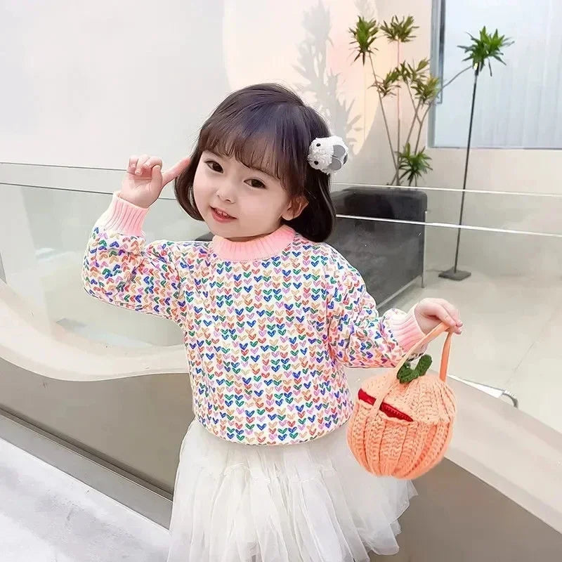 2023 Flower Knit Sweaters Autumn Winter Children's Kids Baby Girls Clothes Thicken Pullover Kids Long Sleeve Sweater