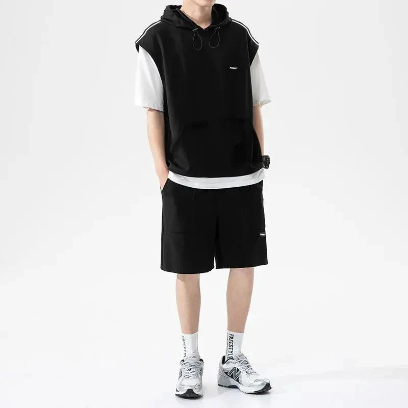 Summer Men's Large Size Sports Suit Breathable Casual Wear Wild High Street Chic Fake Two-piece Casual T-shirt Simple Shorts