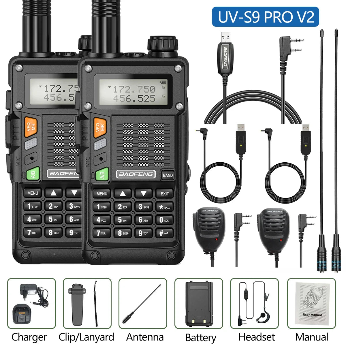 2PCS BaoFeng UV-S9 Pro V2 Walkie Talkie 10KM Long Range Transceiver Communicator Waterproof 10W Powerful UHF VHF Two Way Radio