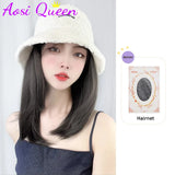 AS  Syntheti Curly hair Lamb wool fisherman hat Berets  Wig Natural Black Straight Wigs Naturally Connect Synthetic Hat Wig Adju