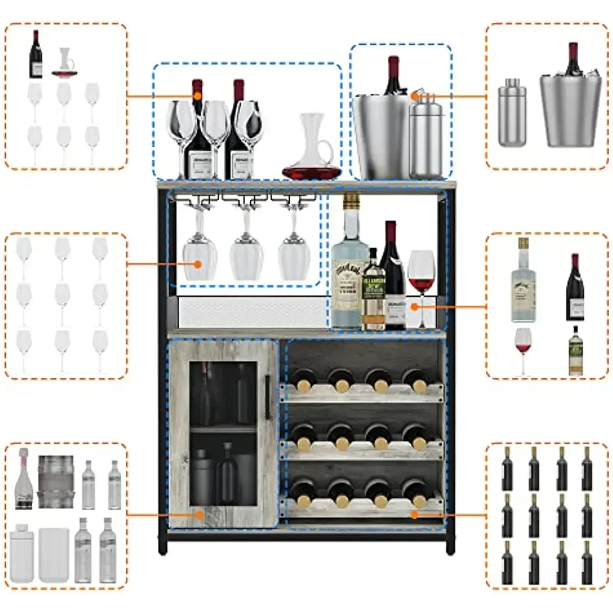 Wine Bar Rack Cabinet with Detachable Wine Rack, Bar Cabinet with Glass Holder, Small Sideboard and Buffet Cabinet