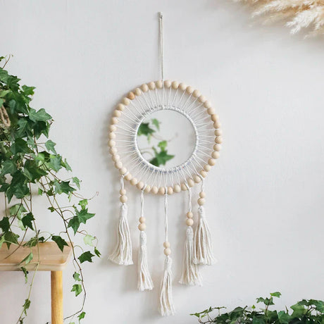 Macrame Wall Mirror Wooden Beads Decorative Mirrors Boho Home Decoration Room Decors Aesthetic Wall Art For Living Room Bedroom