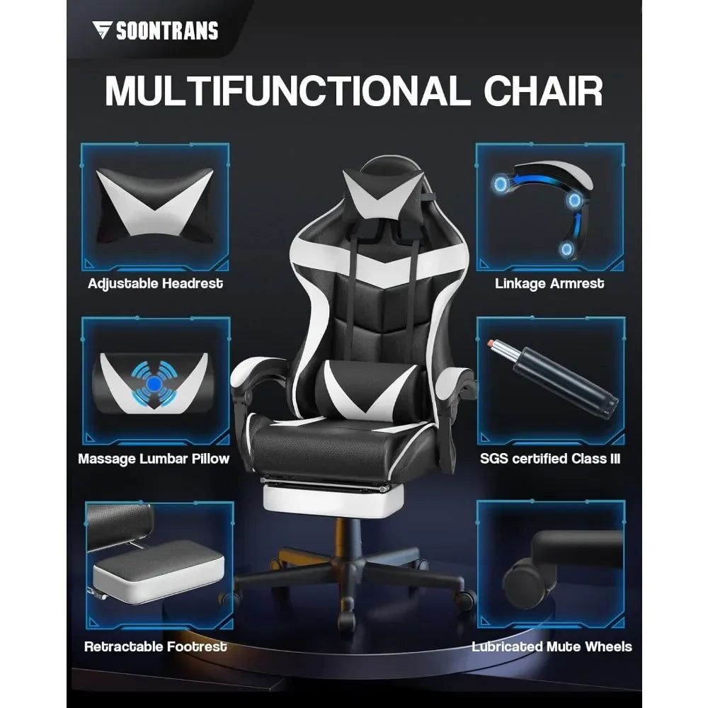 Reclining Chair Office (Polar White) Ergonomic Gamer Chair With Headrest Video Game Chairs for Adults Teens Chaise Gaming Sofa