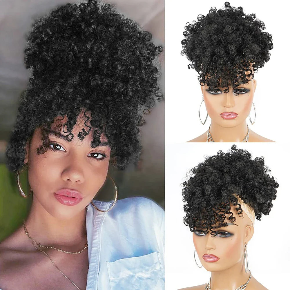 Afro Puff Drawstring Ponytail with Bangs Pineapple Updo Hair for Black Women, Short Kinky Curly Ponytail Bun (1B