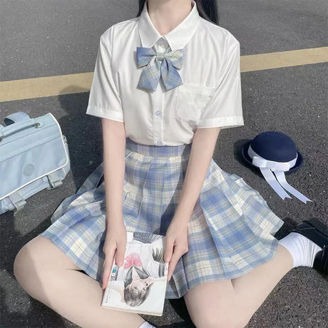 Japanese School Uniform Korean Student JK Seifuku Blouse Pleated Skirt Sailor Full Set Girl Plaid Skirt Pink Uniforms for Woman