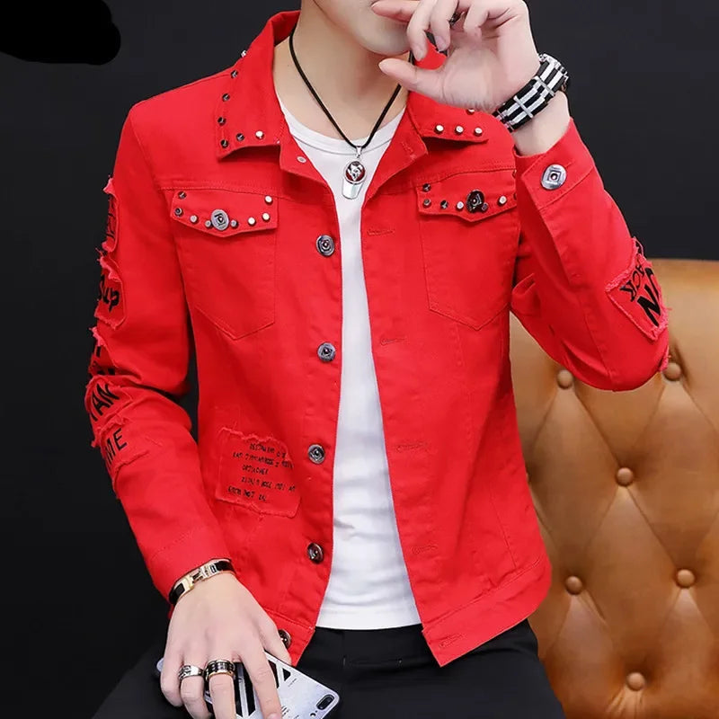 Fashion Men Denim Jacket Spring and Autumn Personalized Design Jean Coats Male Slim Fit Solid Color Handsome Versatile