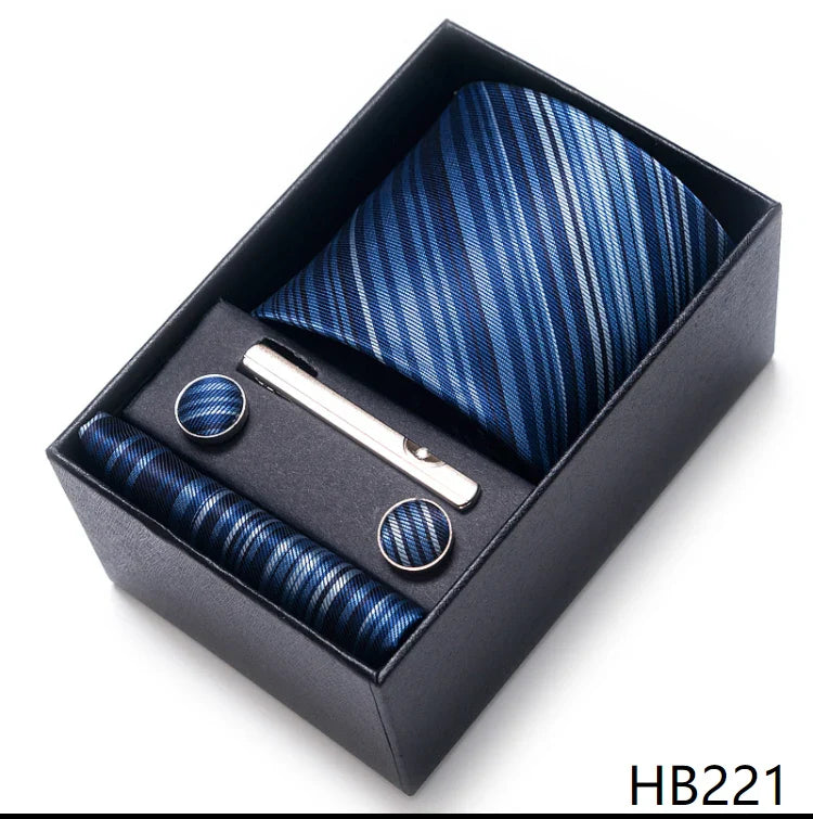 Luxurious Dropshipping 8 cm Birthday Gift Silk Tie Hanky Pocket Squares Cufflink Set Tie Clip Necktie Box Geometric