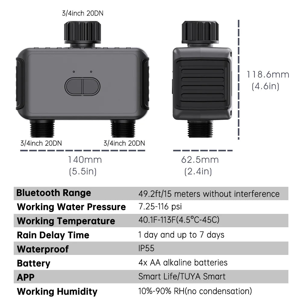 Smart 2 Zone Watering Timer Bluetooth WIFI Garden Automatic Irrigation System Drip Sprinkler Controller Valve Smart Life Tuya