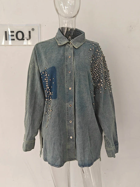 IEQJ Diamonds Patchwork Denim Jackets For Women Lapel Long Sleeve Spliced Single Breasted Vintage Coat 2023 New Autumn 3WQ7478