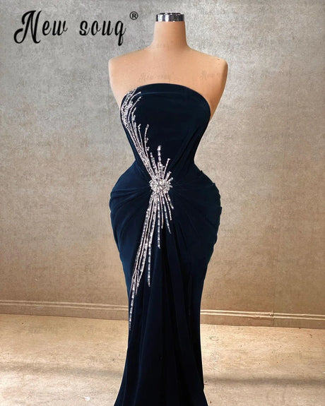 5 Designs Velvet Handmade Crystals Evening Dress for Dinner Dubai Navy Blue Long Prom Gowns Formal Wedding Party Dresses