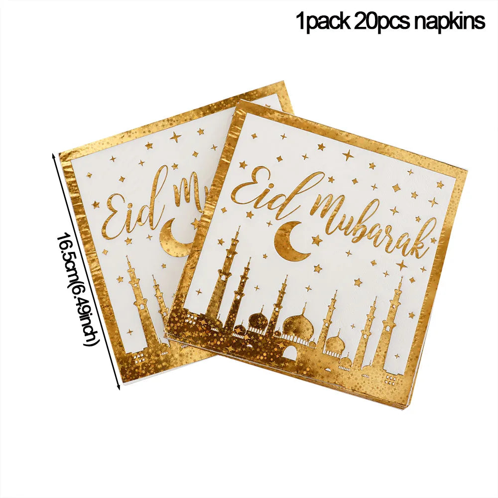 Gold Eid Mubarak Disposable Tableware Star Moon Gilded Plate Cup Gift Box EID Party Supplies 2024 Ramadan Mubarak Kareem Decor