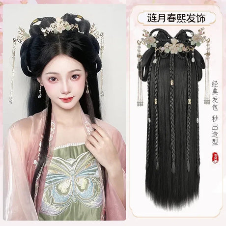 Hanfu Cosplay Wigs Women Black Anime Ancient Chinese Hanfu Wigs Headgear Accessories Hanfu Long Straight Wigs Black Wig Headband