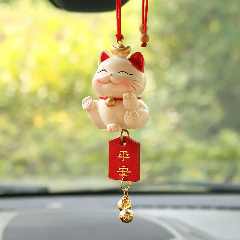 Creative Lucky Cat Car Pendant for Women Blessing Rearview Mirror Hanging Car Ornaments Lanyard Car Interior Accessories