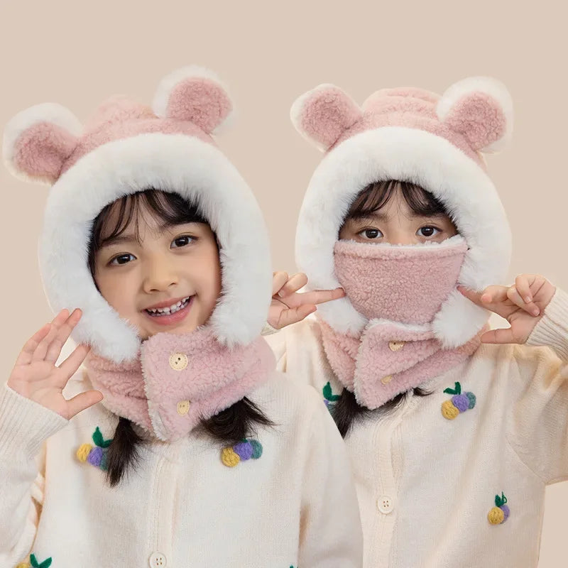 New Children's Hat Cartoon Bear Ear Flags Pullover Cap for Boys and Girls' Baby Winter Hats Scarf Kids Plush Warm Cute Fur Cap