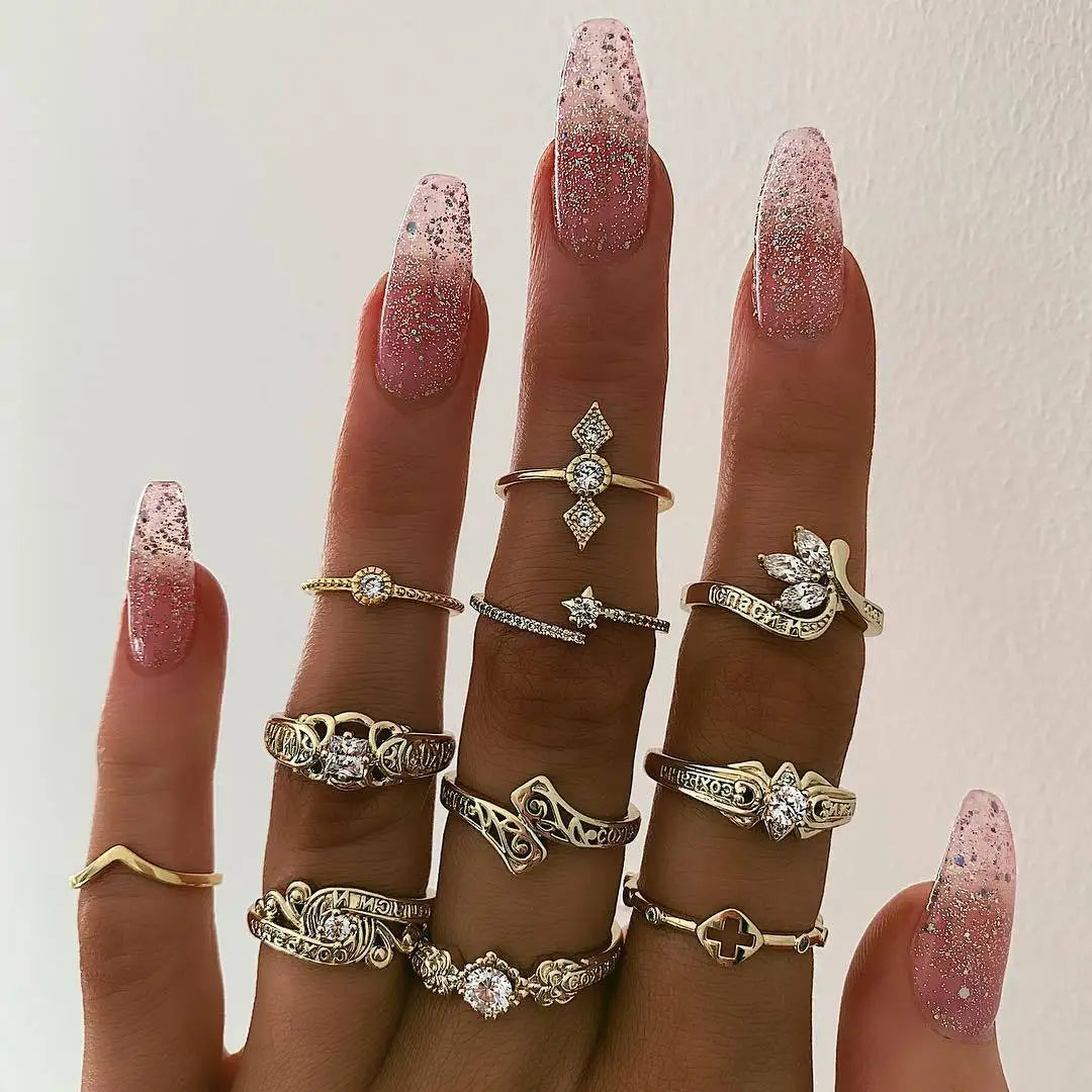 Fashion Green Crystal Knuckle Finger Rings Set For Women  Geometric Female Wedding Ring Trendy Jewelry