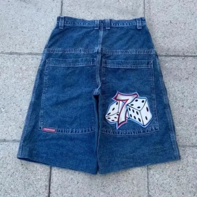 Streetwear JNCO Shorts Y2K New Harajuku Dice 7 Graphic Hip hop Baggy Denim Shorts Men's And Women's High Waist Basketball Shorts