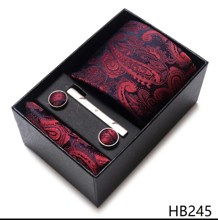 Luxurious Dropshipping 8 cm Birthday Gift Silk Tie Hanky Pocket Squares Cufflink Set Tie Clip Necktie Box Geometric