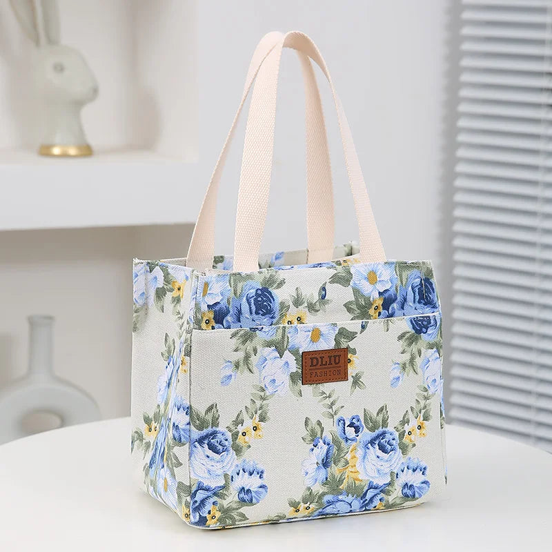 Portable Floral Print Lunch Bag Thermal Insulated Lunch Box Tote Cooler Functional Handbag Student Bento Pouch Food Storage Bags