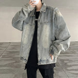 Denim Jacket Men's Spring Autumn Casual Stitching Distressed Turndown Collar Zipper Cowboy Long Sleeves Pocket Cropped Jackets