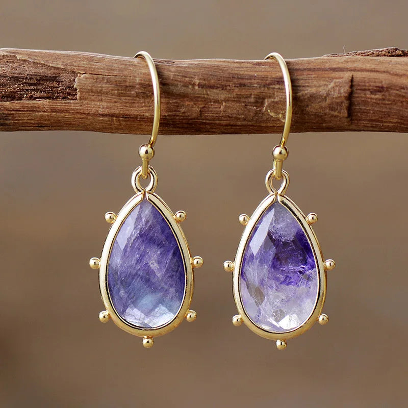 Classic Gold Plated Waterdrop Fluorite Hoop Dangle Huggie Woman Earrings Elegant Natural Stone Jewellery Creative Gifts