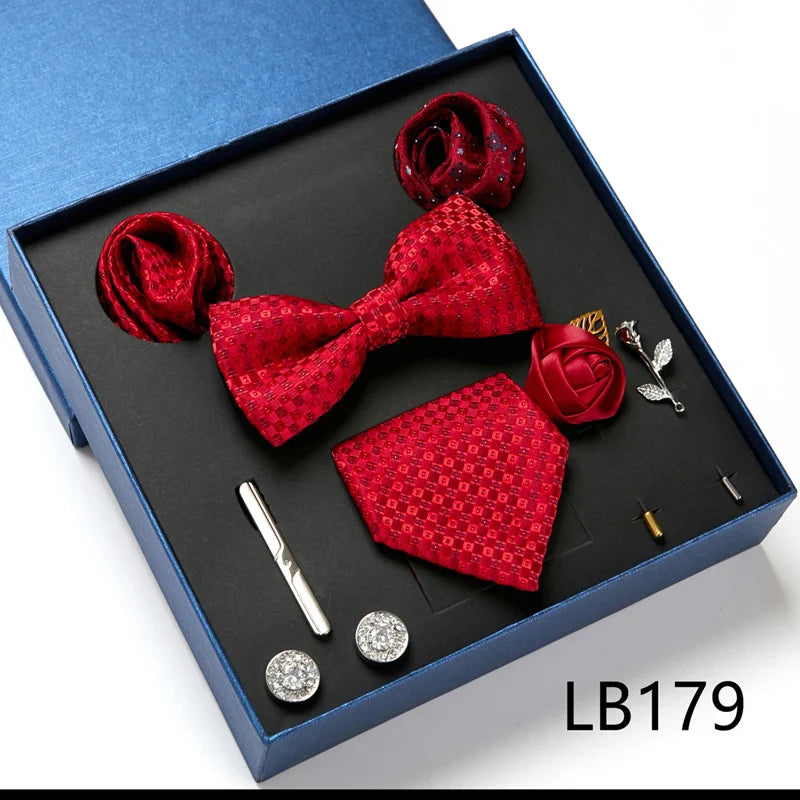 Fashion Men's Tie Gift Box Luxury Brand Necktie Bowtie Pocket Square Brooches Cufflinks Clips Suit For Party Wedding Man Gifts