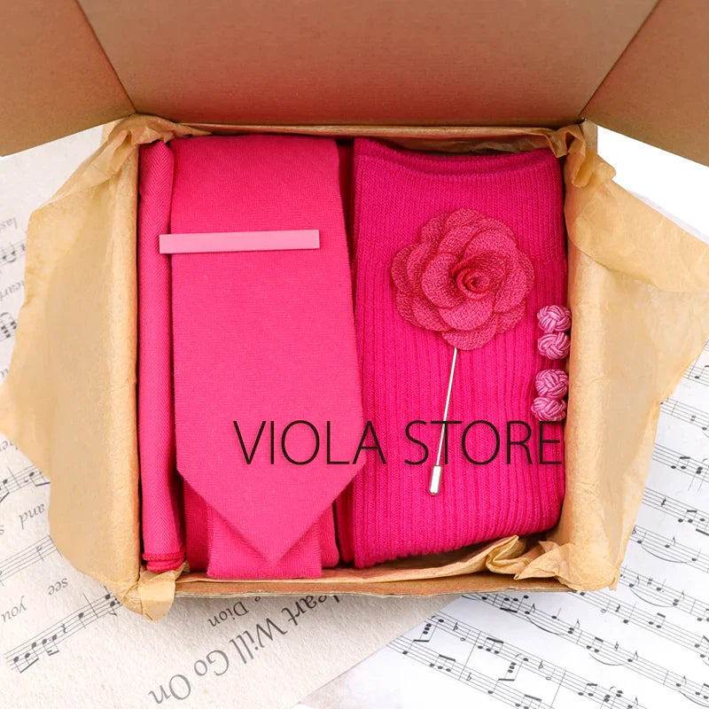 Viola Design 5PCS Gift Box Solid Cotton Sock Tie Sets Clip Pin Cufflinks Hanky Colorful Men Wedding Party Daily Cravat Accessory