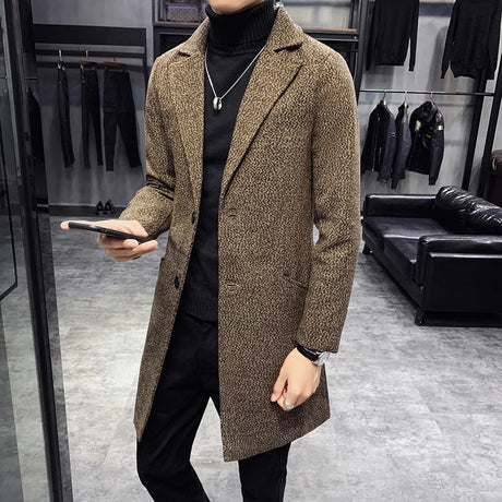 Men's Fashion Warm Casual Windbreaker Long Coat 2023 New Autumn/Winter Solid Color Woolen Coat Slim Fit Long Windbreaker Coat