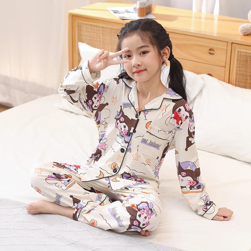 2024 Kawaii Miniso Spring Autumn Children Pajamas Anime Kuromi Cinnamoroll Pochacco Boy Girl Milk Silk Sleepwear Kids Loungewear