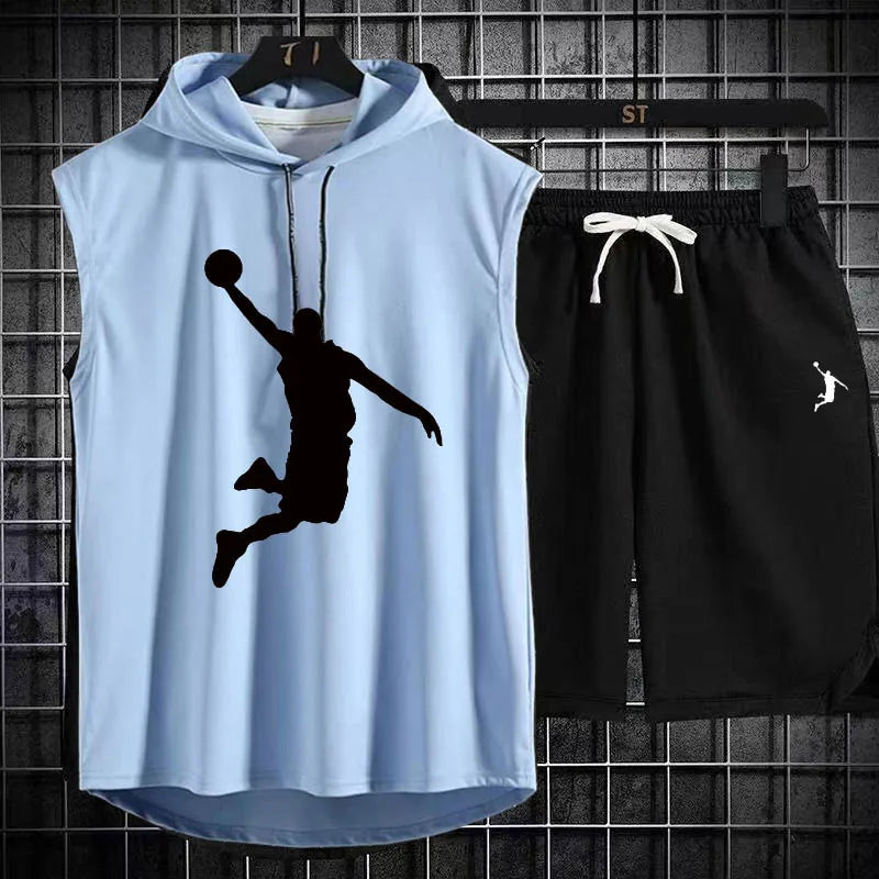 Summer Men's Two Piece Set CasualT-Shirt and Shorts Set Mens Sports Suit Fashion Short Sleeve Tracksuit Hooded T-shirt