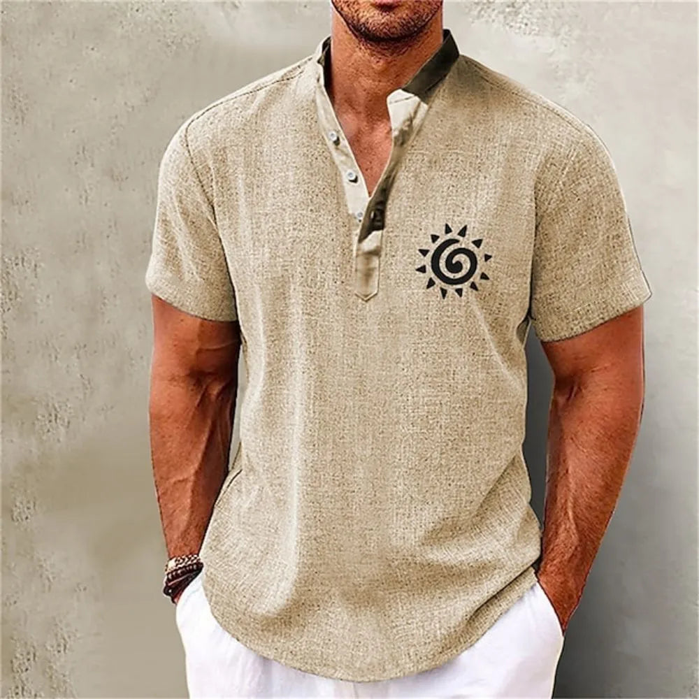 Summer Men Henley Shirt Short Sleeve Tops 3d Sun Graphic Clothing Fashion Designer Apparel Streetwear Mens Hawaiian Shirts 2023