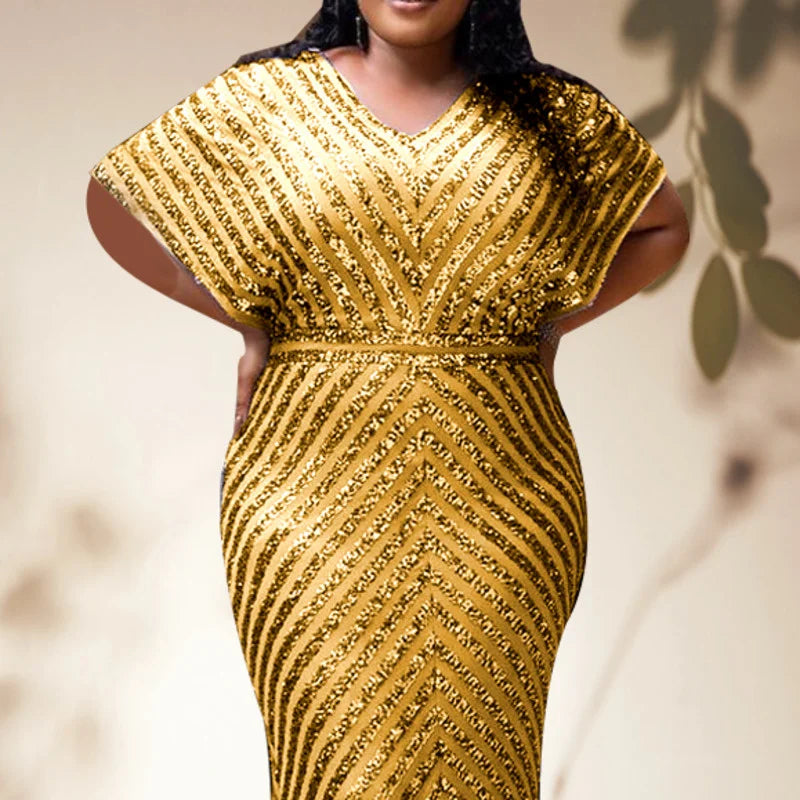 Plus Size Evening Party Dress For Women Elegant Wedding Dinner Formal Clothing Gold Simple Design Sequin Long Dresses Large Size