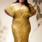 Plus Size Evening Party Dress For Women Elegant Wedding Dinner Formal Clothing Gold Simple Design Sequin Long Dresses Large Size