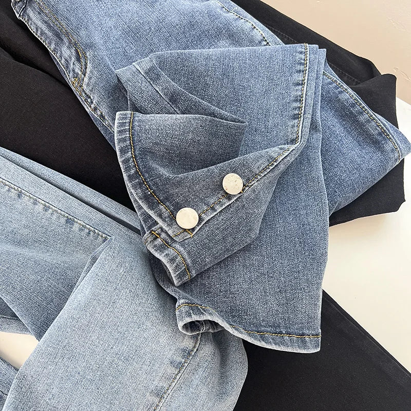 Spring Autumn Clothing Women Drainpipe Jeans Plus Size Brief Denim Cotton Leg Opening Buttons High Waist Stretch Straight Pants