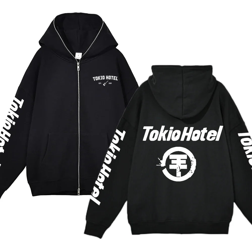 Tokio Hotel Full Zipper Hoodies Kaulitz Print Zip Up Jacket Fleece Hooded Sweatshirts Men Women Hip Hop Streetwear Y2K Cardigan