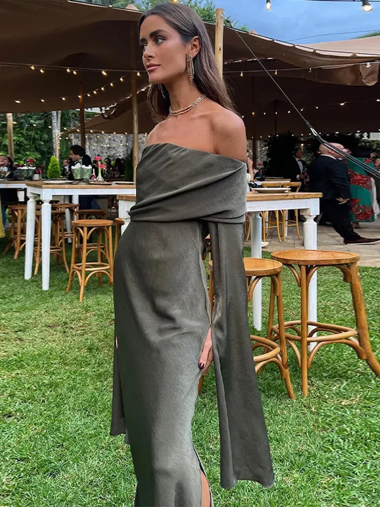 Elegant Solid Off Shoulder Midi Dress Women Chic Slash Neck Long Sleeve High Waist Dresses 2024 Female Evening Party Club Robes