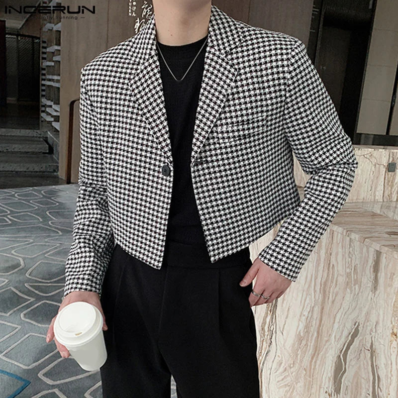 INCERUN Tops 2023 Korean Style Handsome New Mens Plaid Design Suit Casual Party Shows Male Well Fitting Short-style Blazer S-5XL