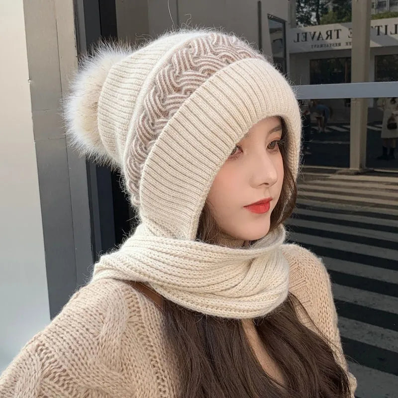 New wind cap bib Korean version of all the autumn and winter ear protection knitted two-piece women's woolen hat scarf one hat