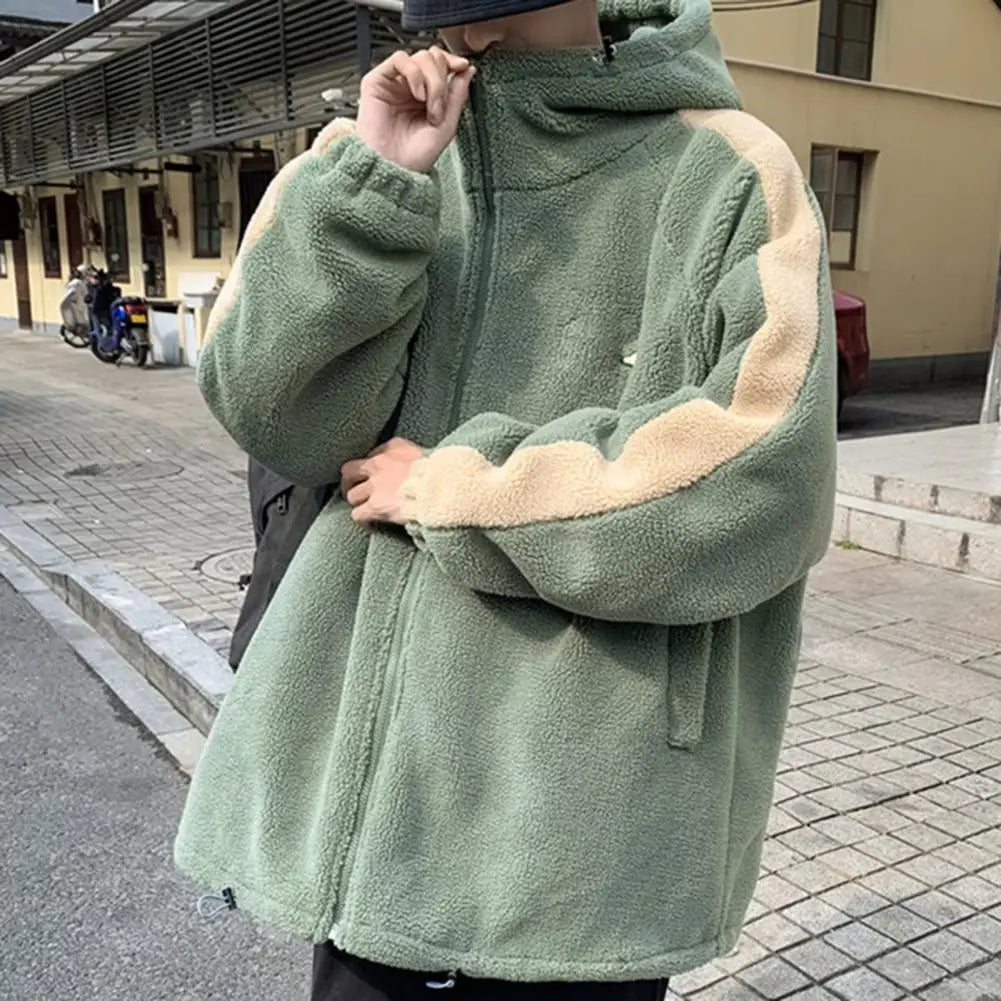 2023 Men Winter Sherpa Jacket Contrast Color Patchwork Fuzzy Coat Hooded Thick Warm Loose Fleece Streetwear Harajuku Parkas