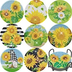 8Pcs DIY Diamonds Painting Coaster Animal Flower Non-slip Anime Art Mosaic Cup Cushion with Rack Rhinestones Paintings Decor