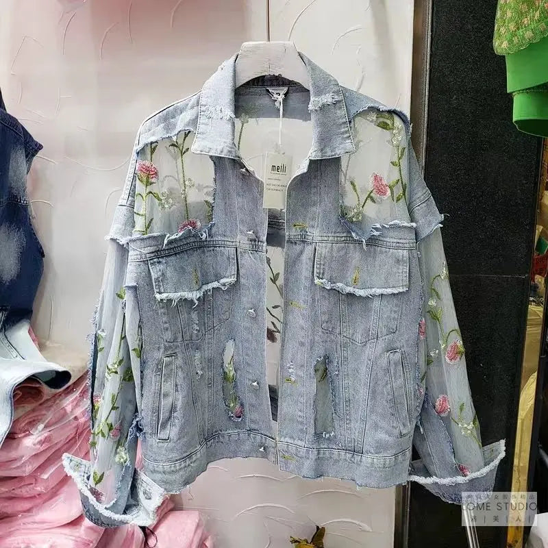 Chaquetas Mujer Summer Streetwear Embroidery Lace Patchwork Sexy Denim Jacket Women Frayed Tassel Loose Korea Blue Jean Coat 3XL