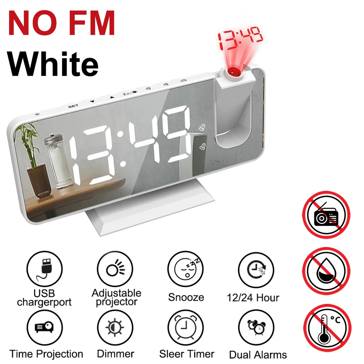 FM Radio LED Digital Smart Alarm Clock Watch Table Electronic Desktop Clocks USB Wake Up Clock with 180° Time Projection Snooze