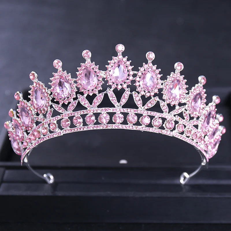 Pink Crystal Tiaras And Crowns For Women Bride Pink Rhinestone Prom Diadem Crown Tiara Bridal Wedding Hair Accessories Jewelry