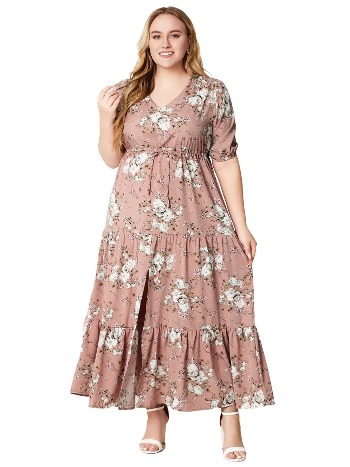 Plus Size Floral Print Half Sleeve Split Hem Maxi V Neck Long Dresses For Women